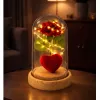 LEAN Eeuwige roos in stolp met LED-verlichting rood met hart 14x8cm