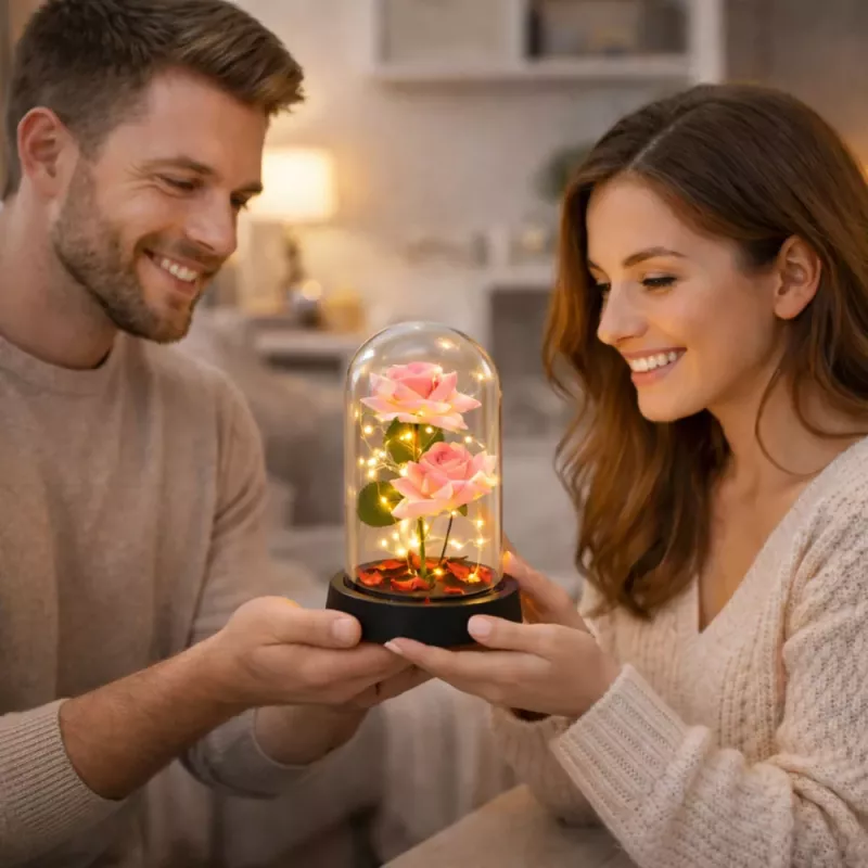 LEAN Eeuwige rozen in stolp met LED-verlichting en rozenblaadjes roze 21x11cm
