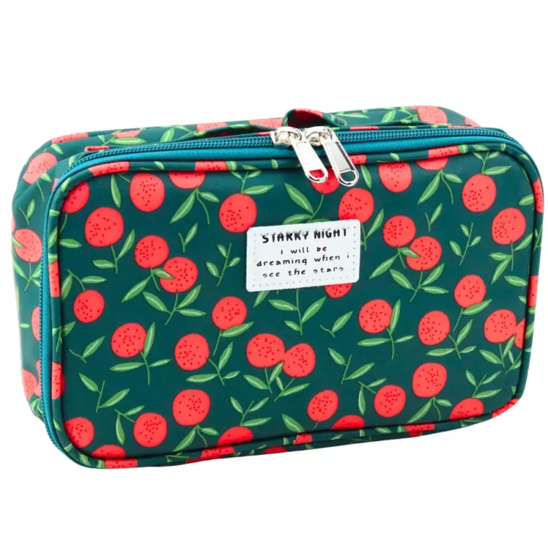 LEAN Etui Schoolorganizer Cosmetische Tas Vakken Kersen Groen 22,5 cm