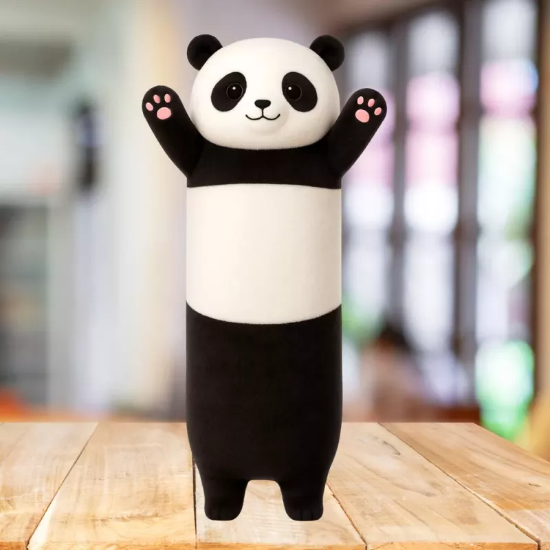 LEAN TOYS Pluchen panda mascotte kussen langwerpig roller zwart en wit 70cm