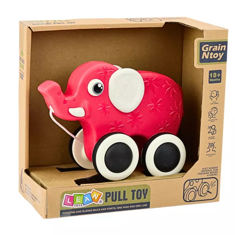 LEAN TOYS Olifant trekspeelgoed aan het koord met piepje eco rood