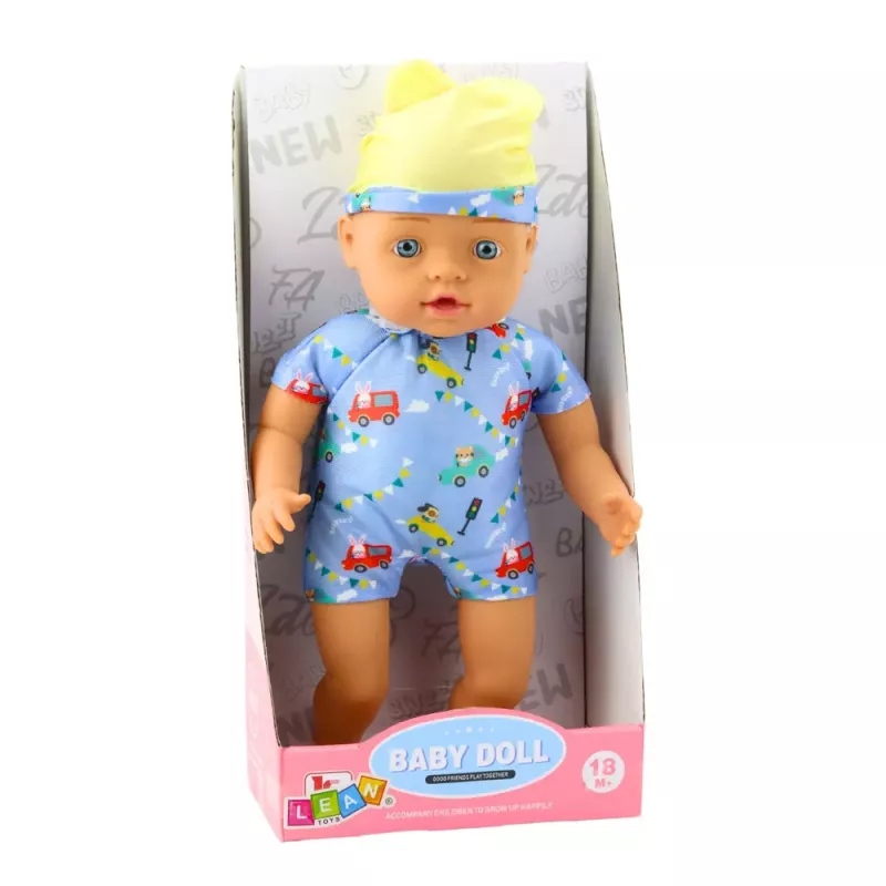 LEAN TOYS Babypop blauwe kleding met patronen hoed met oren 31cm