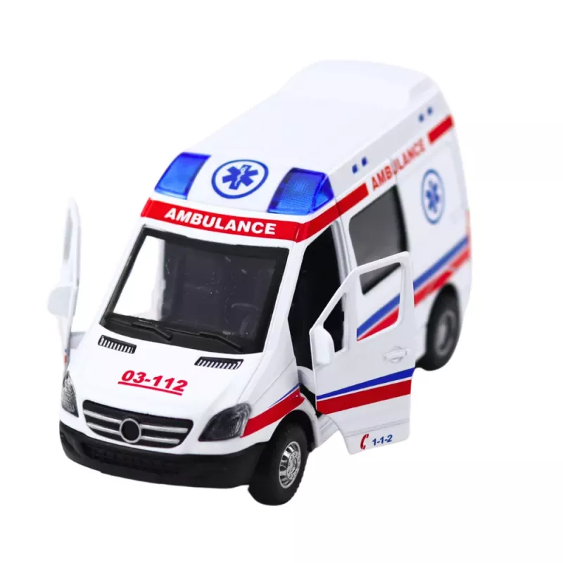 LEAN TOYS ambulance metaal pull-back gemotoriseerd licht en geluid wit 1:32