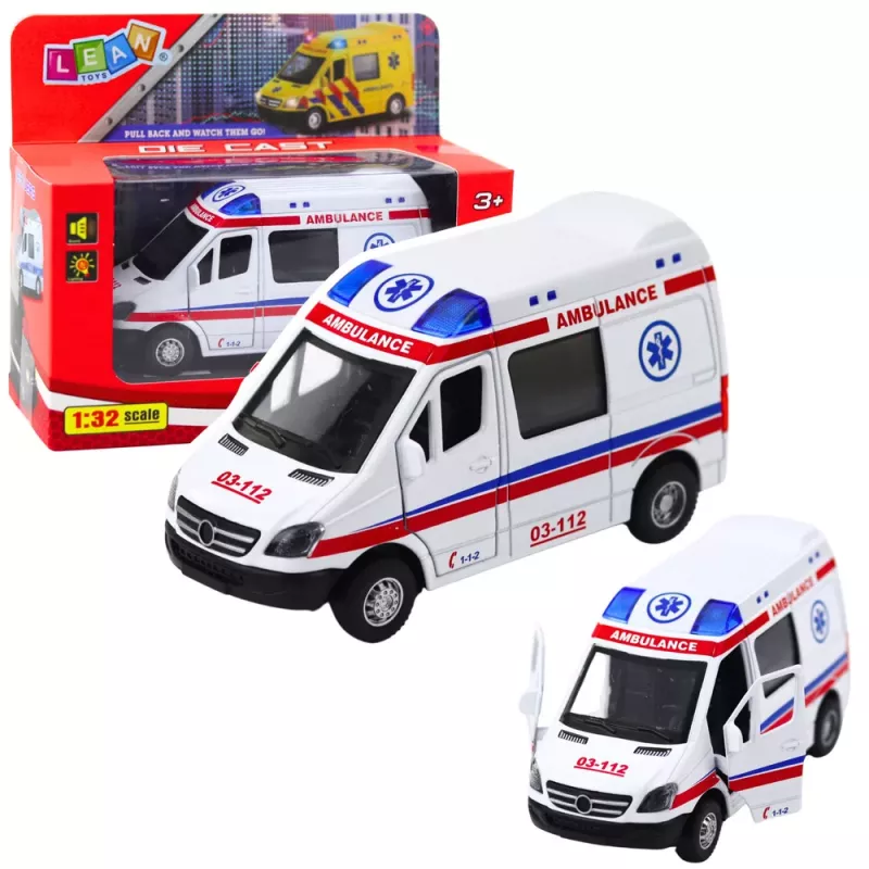 LEAN TOYS ambulance metaal pull-back gemotoriseerd licht en geluid wit 1:32