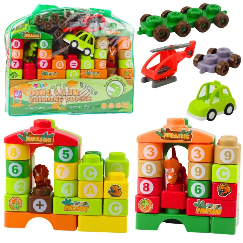 LEAN TOYS Educatieve bouwstenen in zak dinosaurus cijfers letters 91 stuks