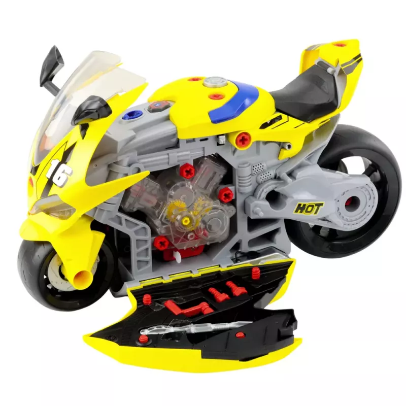 LEAN TOYS 2-in-1 DIY werkplaats licht geluid rook motorfiets geel 43cm
