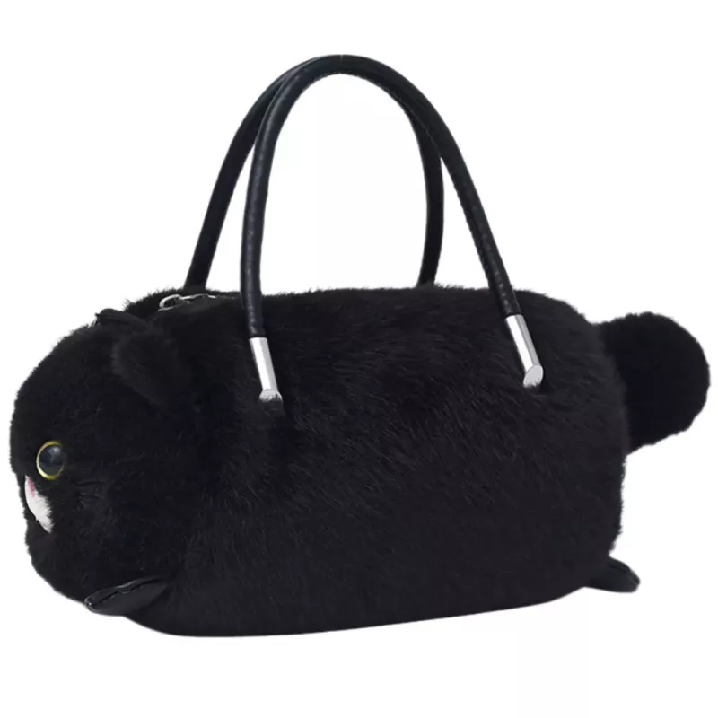 LEAN TOYS pluche kattenvormige handtas met kettinghengels, zwart