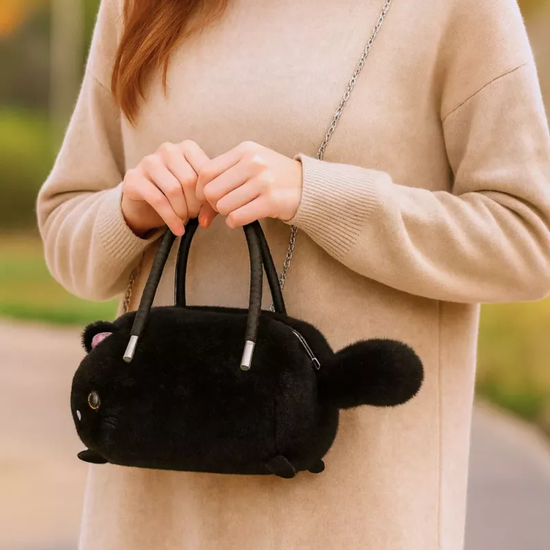 LEAN TOYS pluche kattenvormige handtas met kettinghengels, zwart