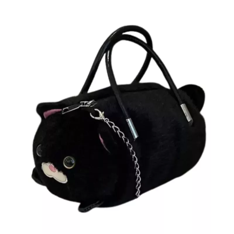 LEAN TOYS pluche kattenvormige handtas met kettinghengels, zwart