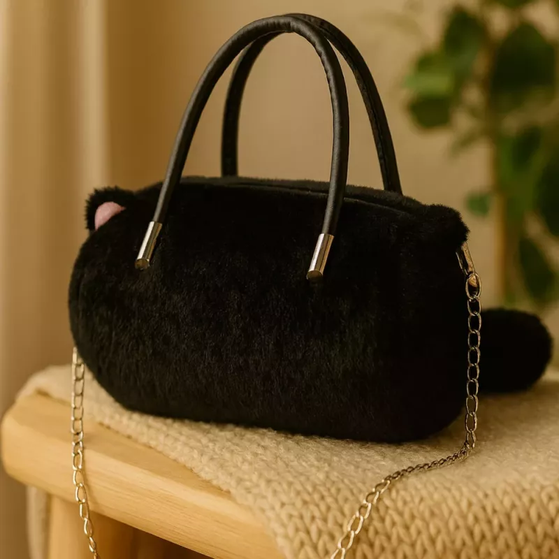 LEAN TOYS pluche kattenvormige handtas met kettinghengels, zwart