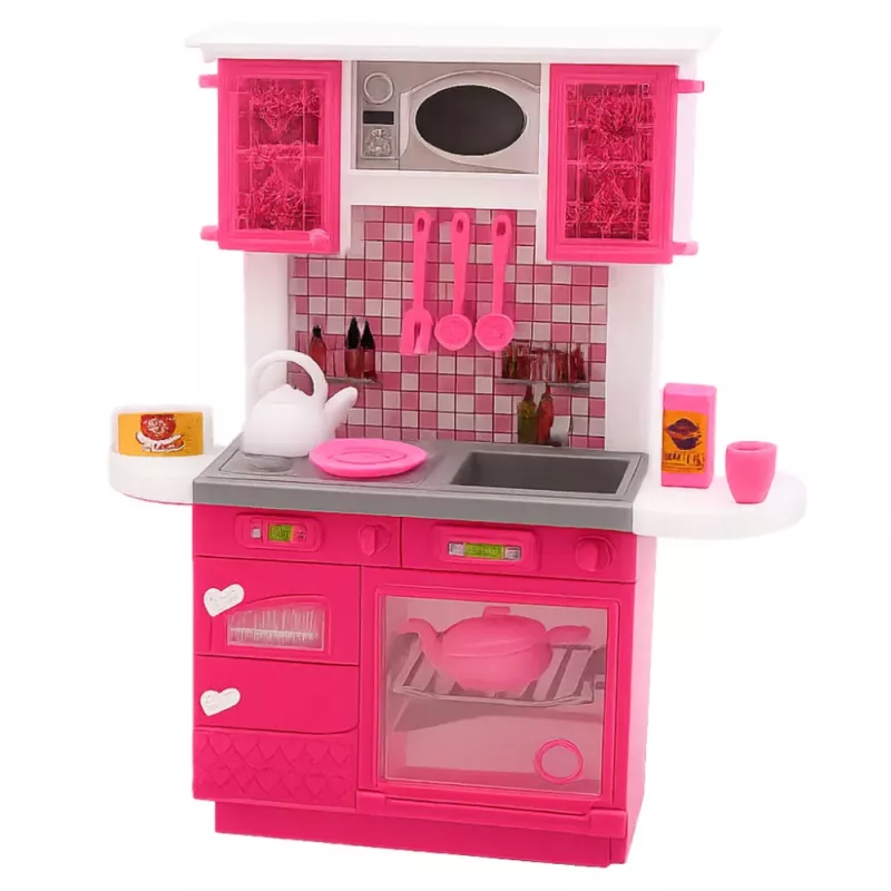 LEAN TOYS Poppenkeuken set met koelkast, fornuis en accessoires, roze