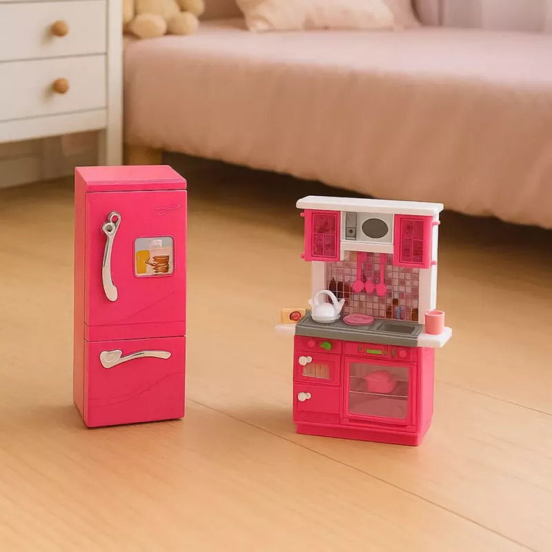LEAN TOYS Poppenkeuken set met koelkast, fornuis en accessoires, roze