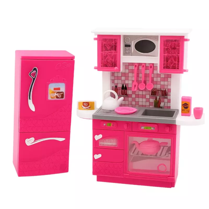 LEAN TOYS Poppenkeuken set met koelkast, fornuis en accessoires, roze