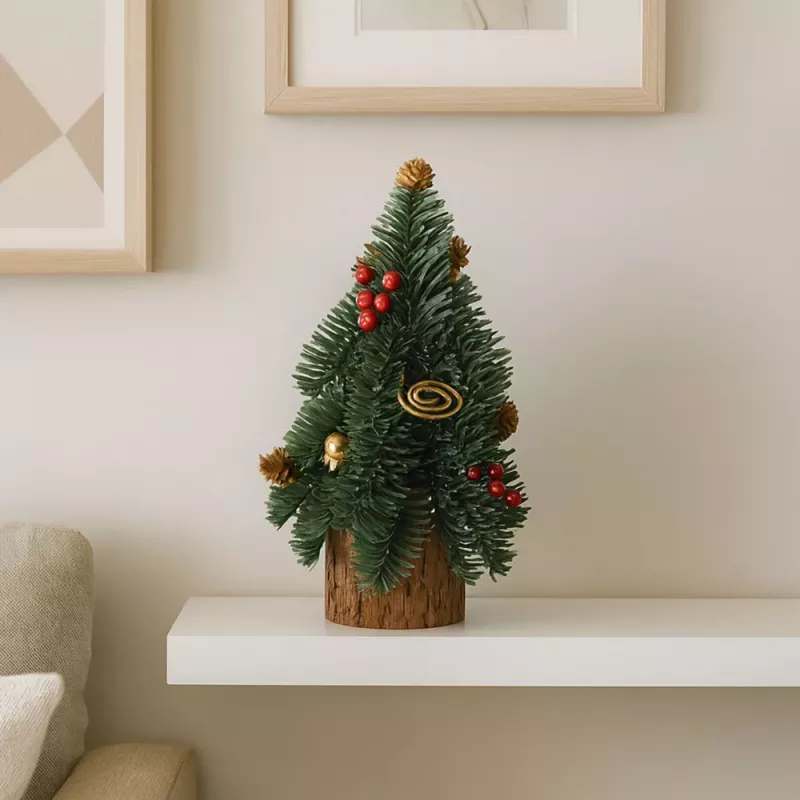 LEAN Decoratieve kerstboom op stam met rode lijsterbessen, 26 x 12 cm