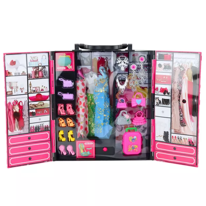 LEAN TOYS Roze kledingkast set voor poppen, kleren, schoenen, accessoires