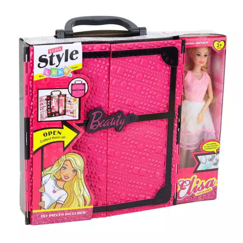 LEAN TOYS Roze kledingkast set voor poppen, kleren, schoenen, accessoires