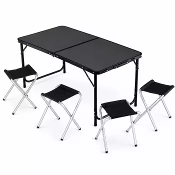 LEAN campingmeubelset opvouwbare tafel 4 krukjes zwart koffer
