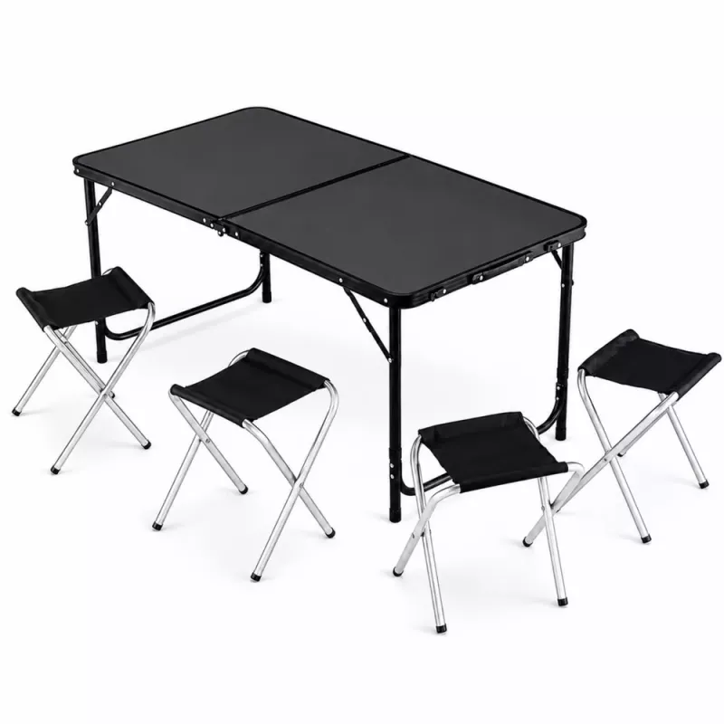 LEAN campingmeubelset opvouwbare tafel 4 krukjes zwart koffer