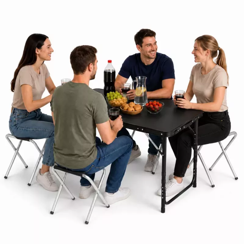 LEAN campingmeubelset opvouwbare tafel 4 krukjes zwart koffer
