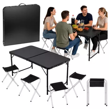 LEAN campingmeubelset opvouwbare tafel 4 krukjes zwart koffer