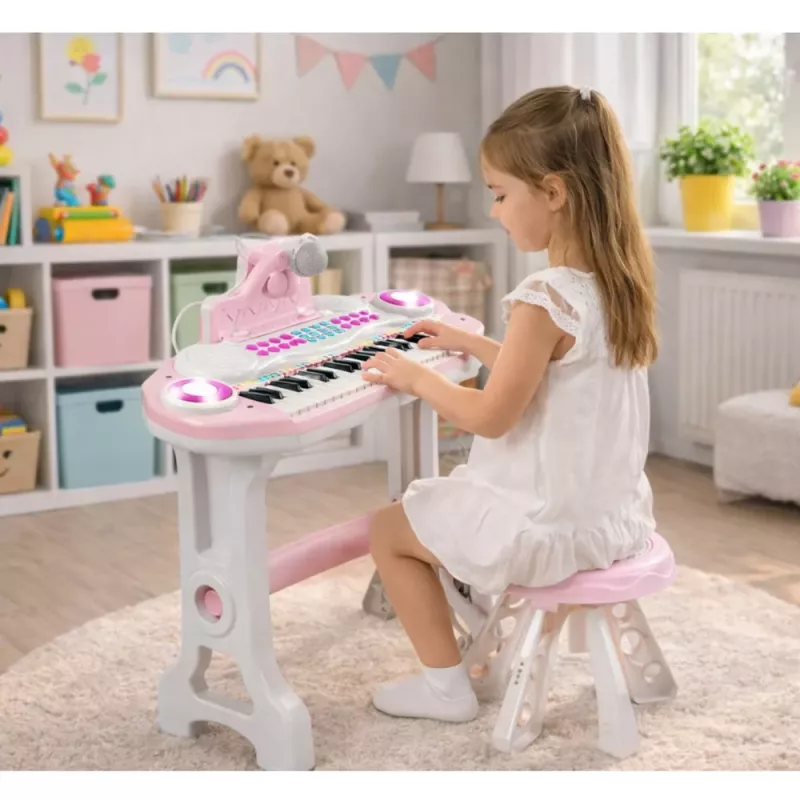 LEAN TOYS Elektronisch Piano-Orgel voor Kinderen met Krukje, Microfoon, MP3 - Roze