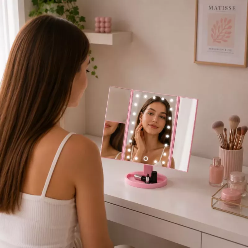 LEAN LED make-upspiegel opklapbaar vergrotend touch-draaiing roze
