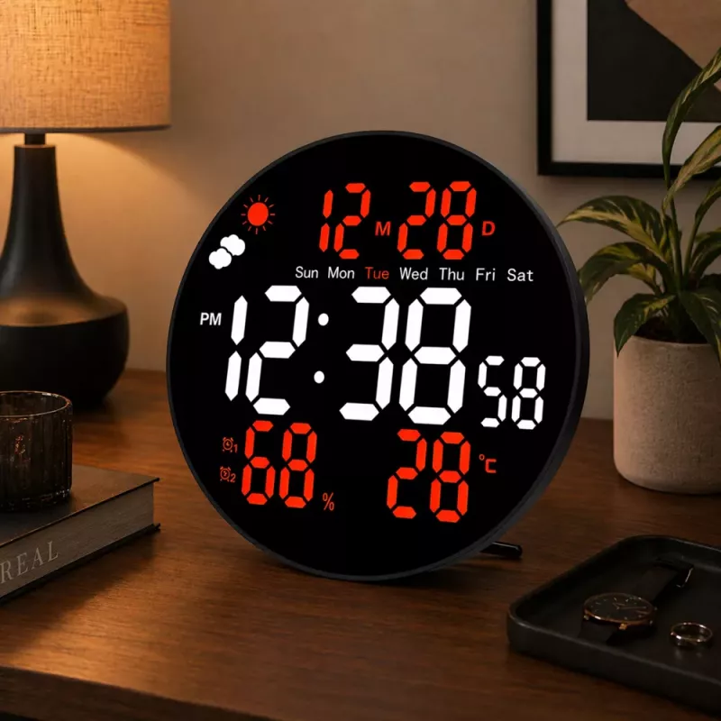 LEAN digitale LED wandklok datum temperatuur luchtvochtigheid alarm afstandsbediening 25 cm