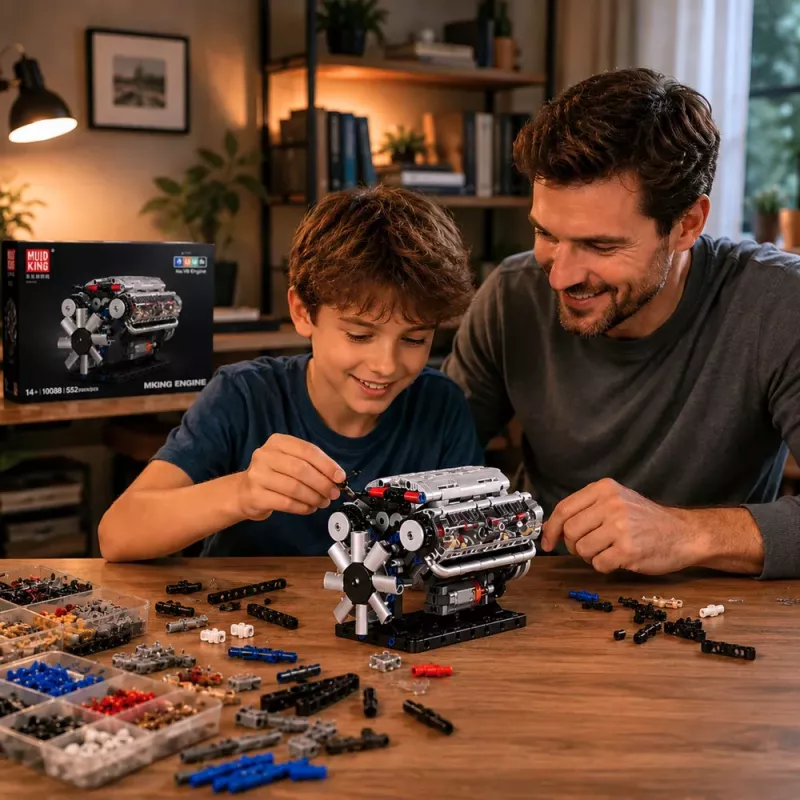 LEAN TOYS Bouwstenen V8-motor mechanisch model met bewegende zuigers, 552 onderdelen
