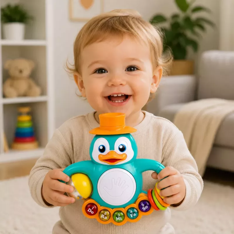 LEAN TOYS Interactief speelgoed pinguïn piano trommel kralen rammelaar bal