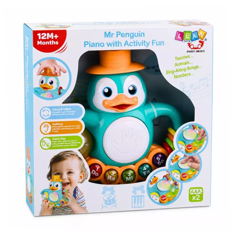 LEAN TOYS Interactief speelgoed pinguïn piano trommel kralen rammelaar bal