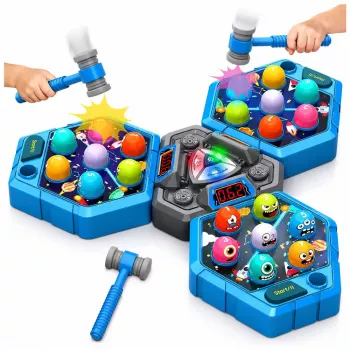 LEAN TOYS Whack-A-Mole creatures arcadespel voor 3 spelers, 3 modi, lichtgevende hamers