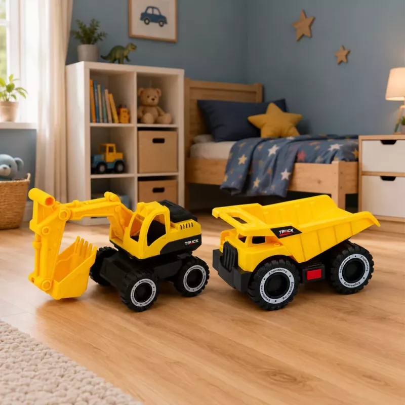 LEAN TOYS Bouwvoertuigset graafmachine kiepwagen met licht en geluid geel