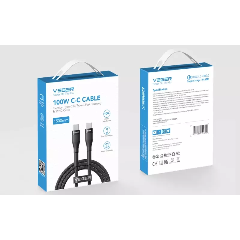 VEGER USB-C naar USB-C PD 100W kabel 1,5 m, zwart