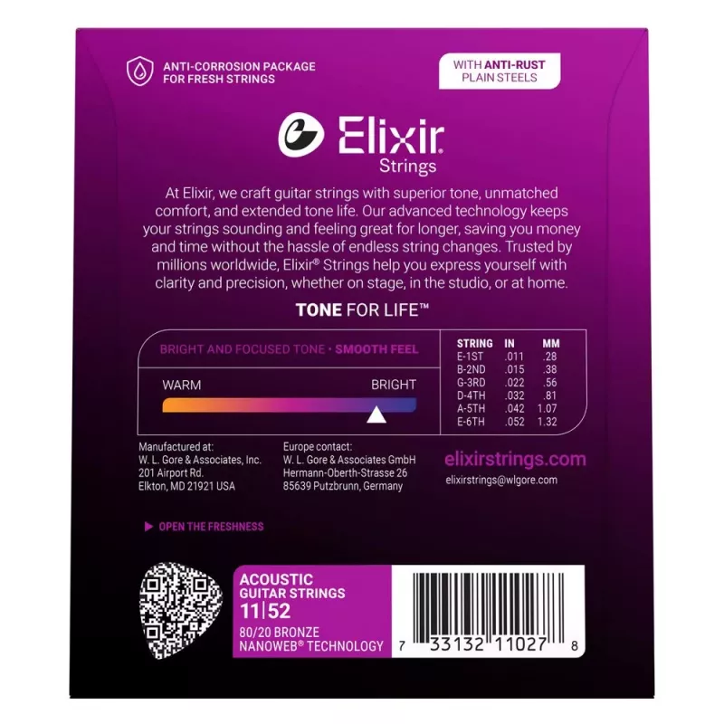 Elixir Strings 11027 Custom Light NANOWEB akoestische gitaarsnaren (11-52)