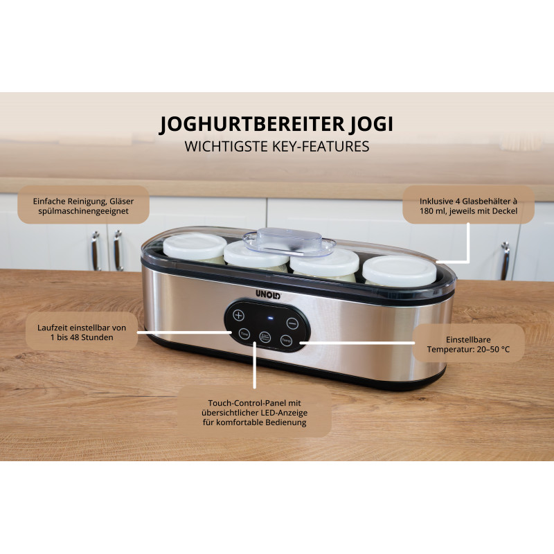 UNOLD 38726 Jogi Yoghurtmaker, 4 x 180 ml glazen potjes