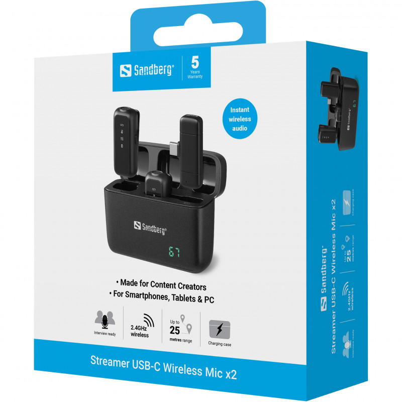 SANDBERG Streamer USB-C draadloze microfoon x2 - dual-microfoonset - 20 Hz - 20 kHz