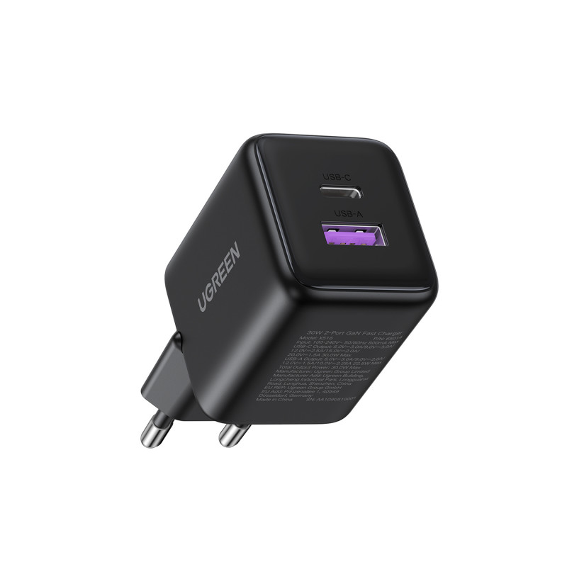 UGREEN X516 GaN 30W USB-C + USB-A wandlader zwart
