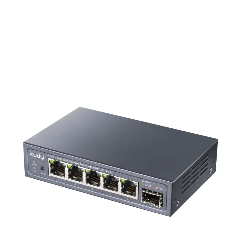 CUDY GS105ES1 5-poorts Gigabit light managed switch met 1 SFP, 4 RJ45, VLAN, QoS, desktop
