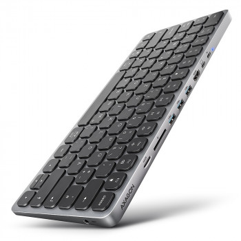 AXAGON HMC-KB-GE USB-C 5Gbps toetsenbord met 9-in-1-hub, Duitse layout, HDMI 4K, Gigabit Ethernet, 100W PD, kaartlezer, zwart
