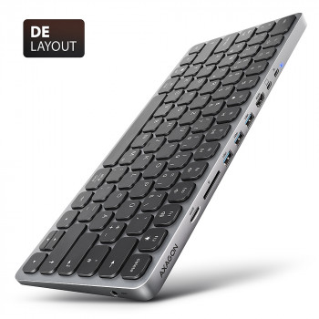 AXAGON HMC-KB-GE USB-C 5Gbps toetsenbord met 9-in-1-hub, Duitse layout, HDMI 4K, Gigabit Ethernet, 100W PD, kaartlezer, zwart