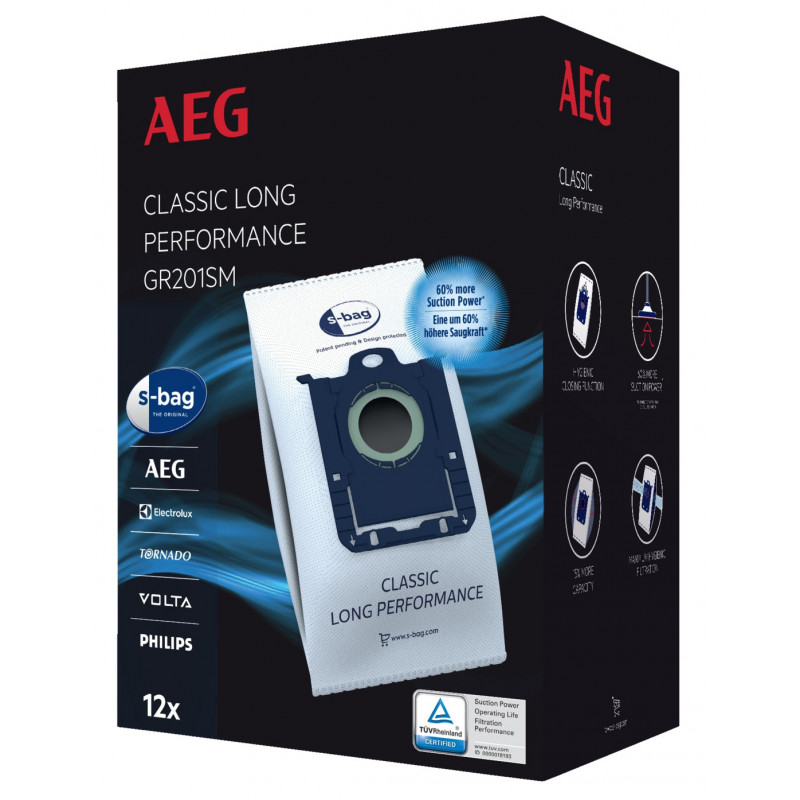 AEG GR201SM s-bag Classic Long Performance stofzuigerzakken, 8-pack, blauw/wit, voor VX4 serie 900 168 824