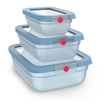 EMSA ONECLICK bewaardoosset, 3 delen, 0,5/1,2/2,3 L, blauwe deksels, transparante dozen 3110601764