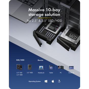 ICY BOX IB-3710-C31 10-bay USB 3.2 Gen 2 JBOD behuizing voor 2,5 inch/3,5 inch SATA HDD/SSD, single mode, USB-C naar C kabel, 200 W voeding, zwart