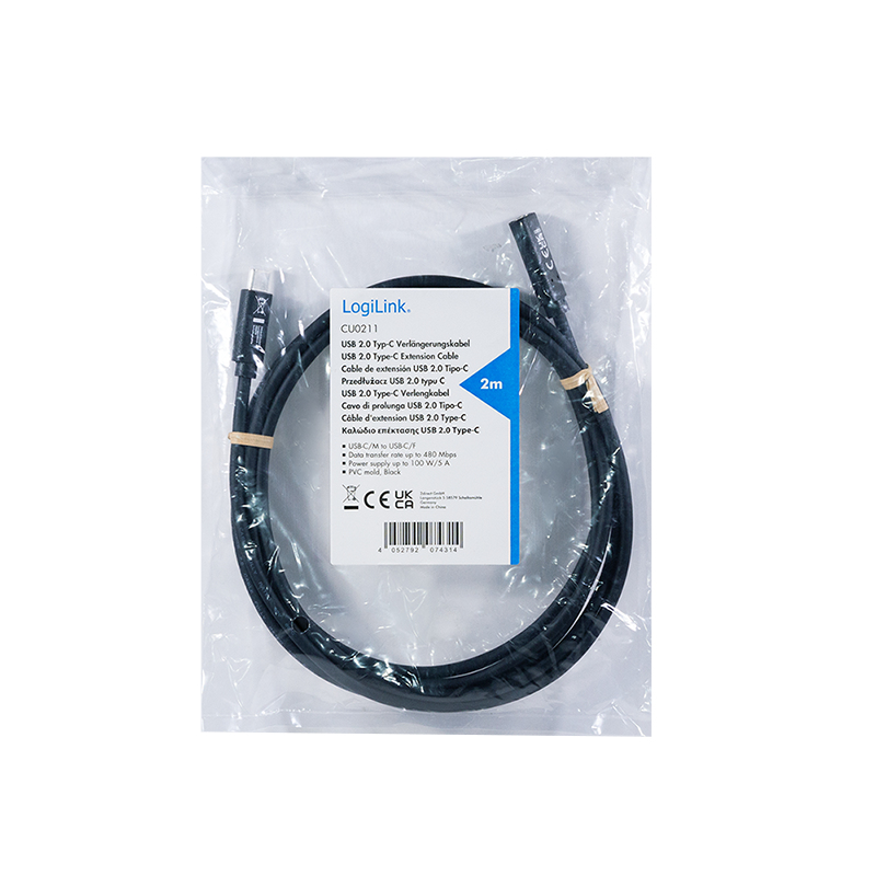 LogiLink CU0211 USB-C verlengkabel 100W 2m zwart
