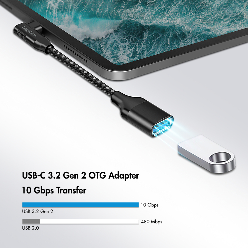 LogiLink CU0100 USB-C naar USB-A adapterkabel, 0,2 m, 10 Gbps, 90° gewinkeld, zwart