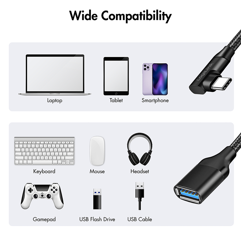LogiLink CU0100 USB-C naar USB-A adapterkabel, 0,2 m, 10 Gbps, 90° gewinkeld, zwart