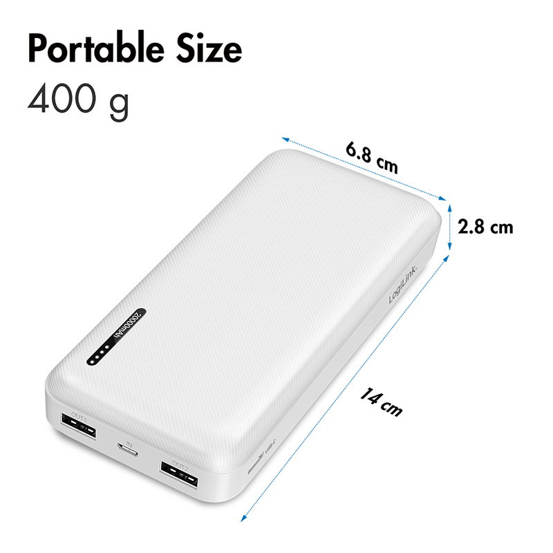 LogiLink PA0323W powerbank 20000 mAh wit - 2x USB-A, 1x USB-C, 20W PD