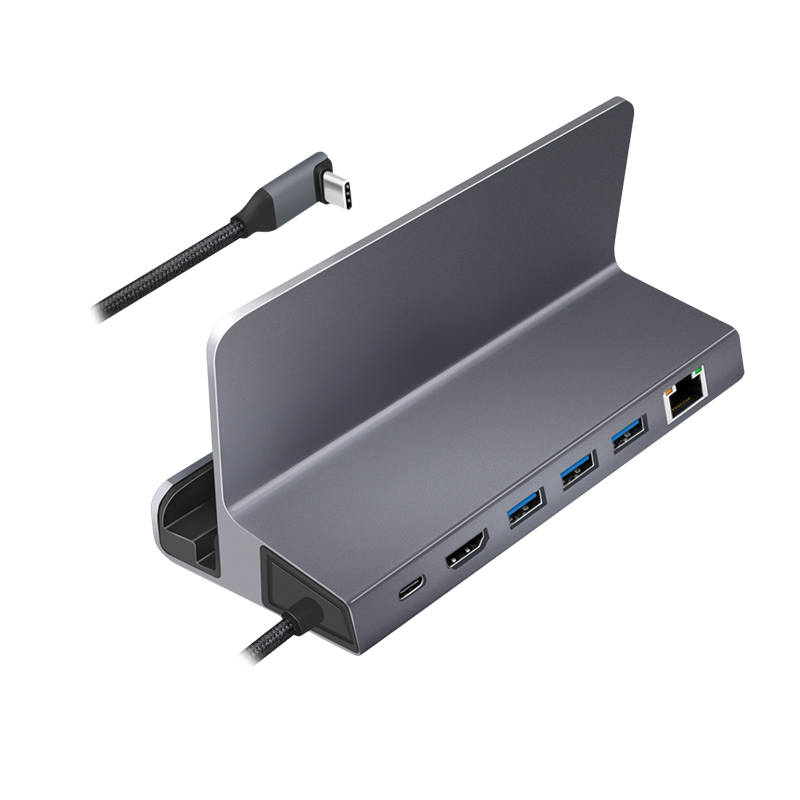 LogiLink UA0408 USB-C dockingstation met tabletstandaard, HDMI 4K@60Hz, 100W PD, Gigabit Ethernet, zilver