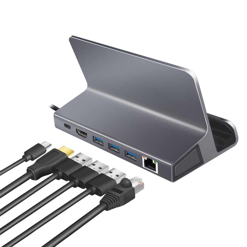 LogiLink UA0408 USB-C dockingstation met tabletstandaard, HDMI 4K@60Hz, 100W PD, Gigabit Ethernet, zilver