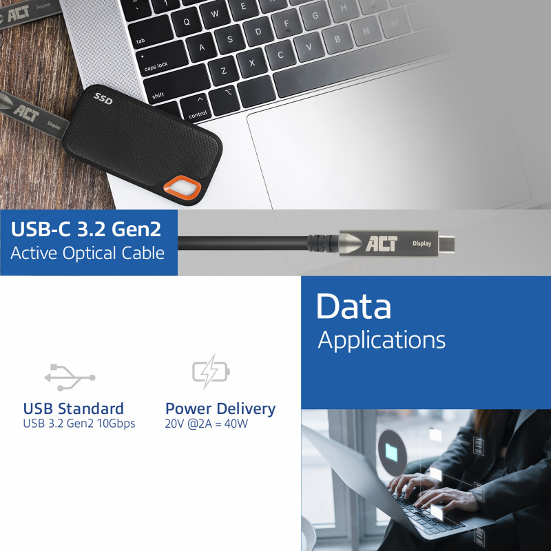 ACT USB-C 3.2 Gen2 actieve optische kabel (AOC), voor touchpanels, video, data, stroom, 15m (AK4335)